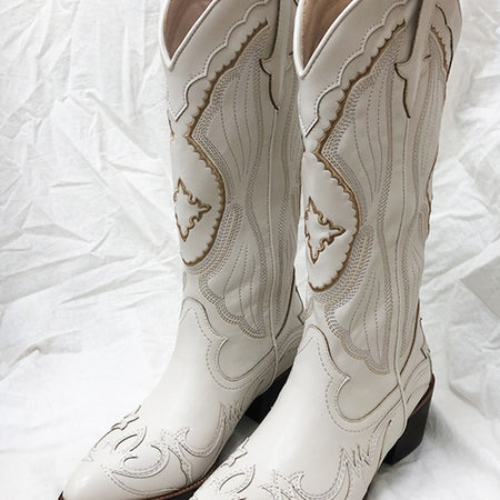 White Western Cowboy/Cowgirl Chunky Heel Pointed Boots