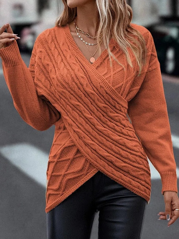 V-neck Knitted Off Shoulder Cross Pullover