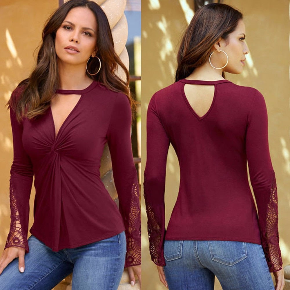 Lace Long Sleeve Casual V-neck