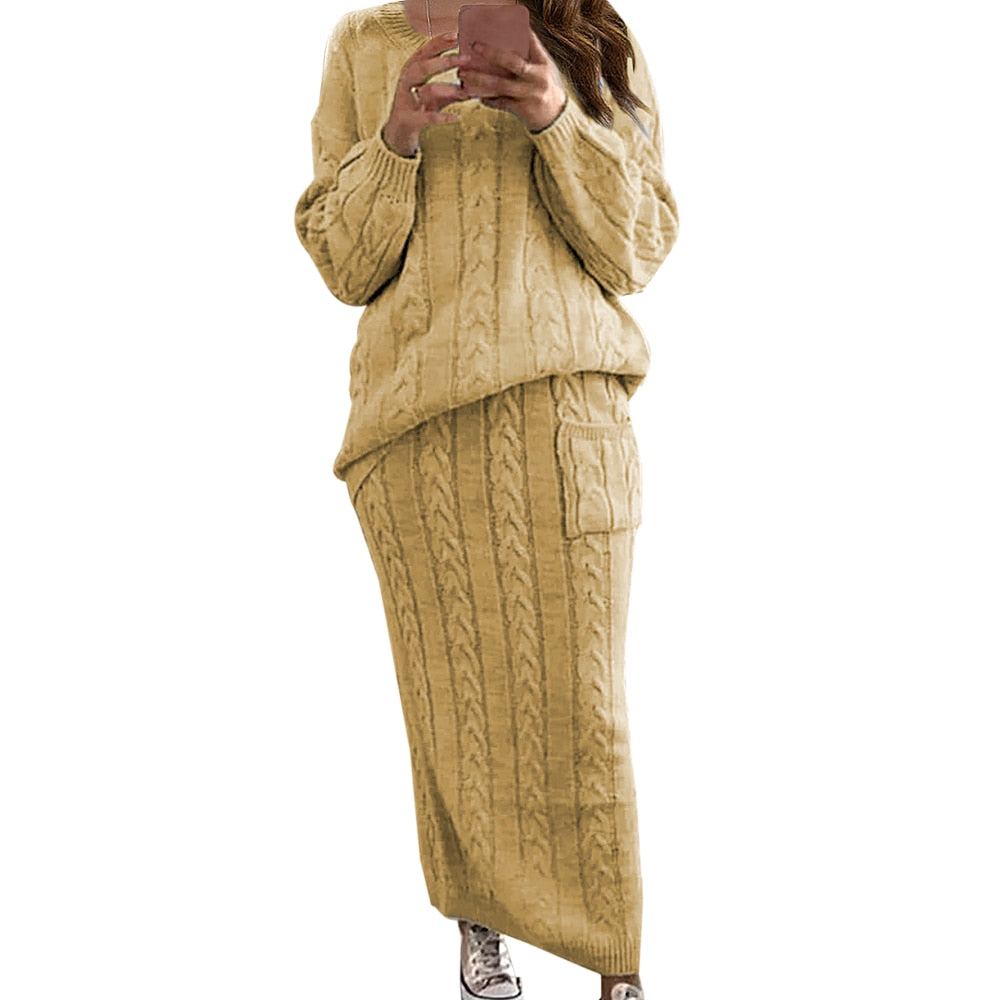 Warm Knitted 2 Piece Pullover Sweater Set