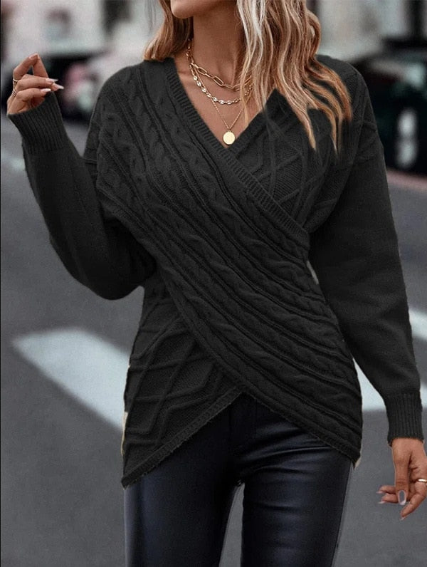 V-neck Knitted Off Shoulder Cross Pullover