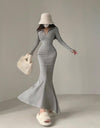 Zipper Lapel Slim V Neck Fishtail Dress