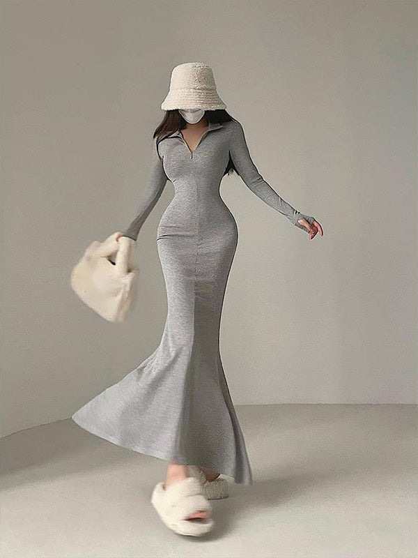 Zipper Lapel Slim V Neck Fishtail Dress