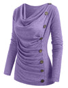 Cowl Neck Mock Button Long Sleeve Marled Top