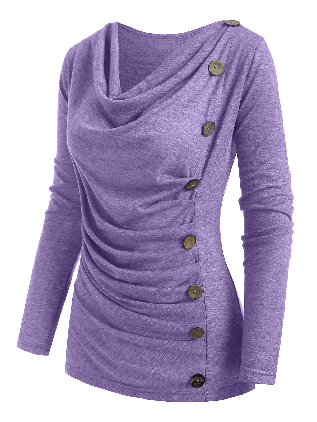 Cowl Neck Mock Button Long Sleeve Marled Top