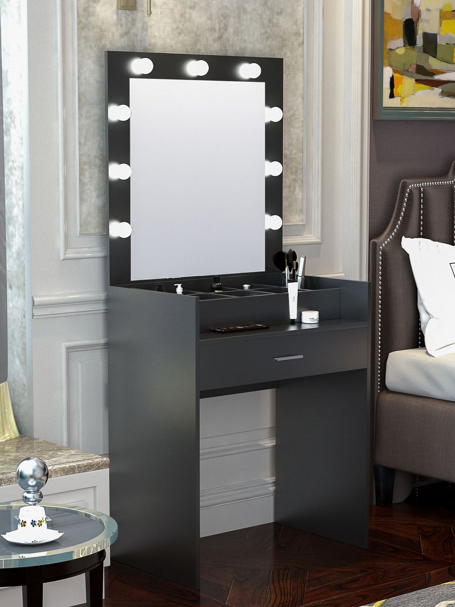 LED 1PC Dressing Table With Mirror Open Storage/Make Up Mirror Light Bulbs
