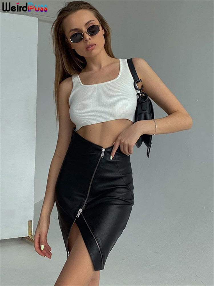 Irregular Faux Leather High Waist A-Line Zipper Skirt