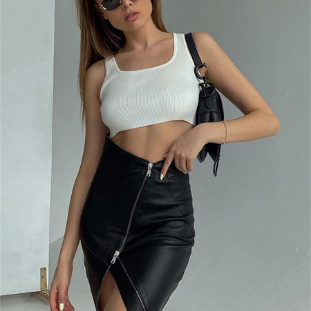 Irregular Faux Leather High Waist A-Line Zipper Skirt