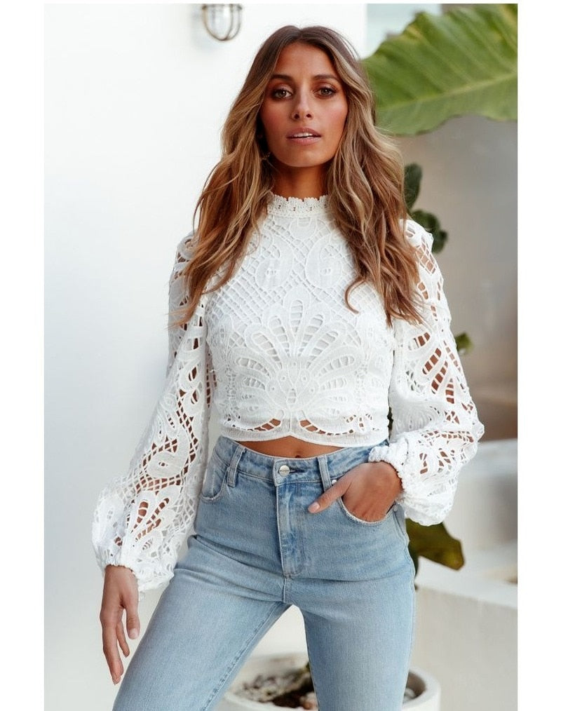 Elegant Long Sleeve Lace Blouse Crochet