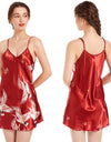 Satin Nightgown Crane Print Sleepwear With Spaghetti Strap