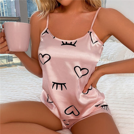 Silk Heart Print Pajama Set