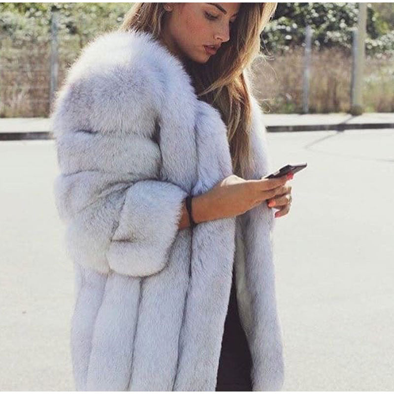 Elegant Windproof Thick Faux Fox Fur Long Coat