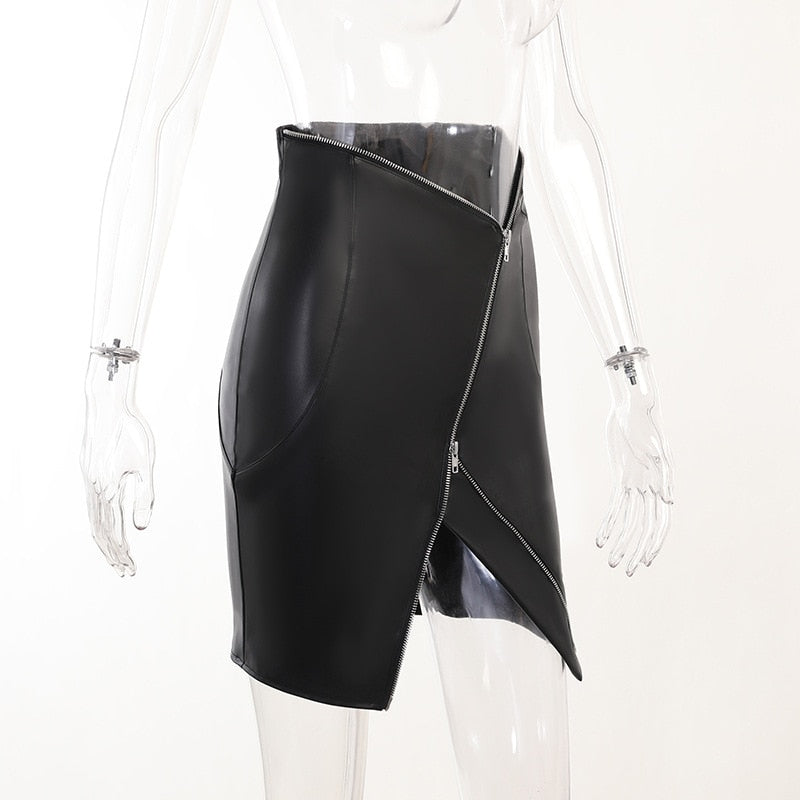 Irregular Faux Leather High Waist A-Line Zipper Skirt