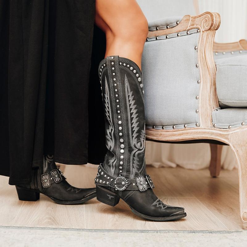 Thick Heel Metal Belt Buckle Rivet Embroidery Western Boots