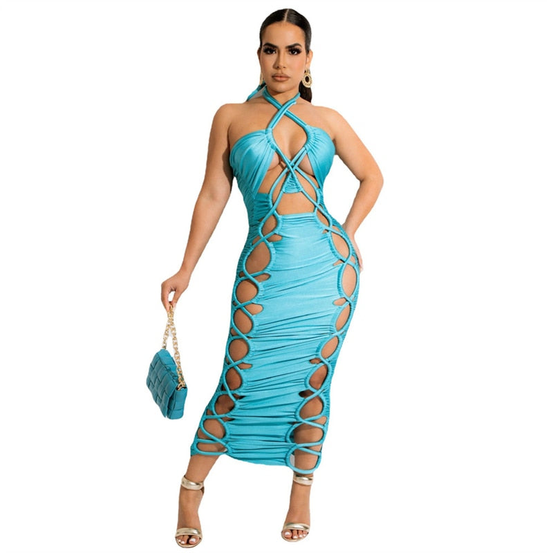 Hollow Out Lace Up Sleeveless Dresses