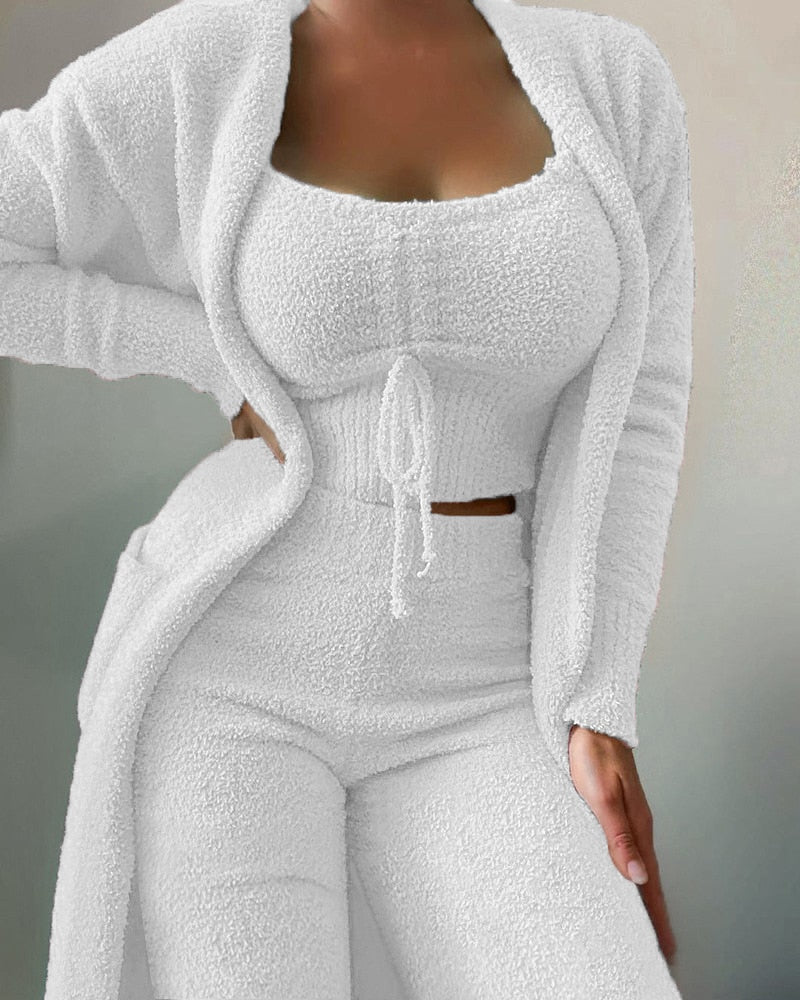 Warm Soft Fleece 3 Pieces Crop Top+Long Pants+Coat
