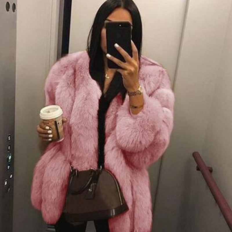 Elegant Windproof Thick Faux Fox Fur Long Coat