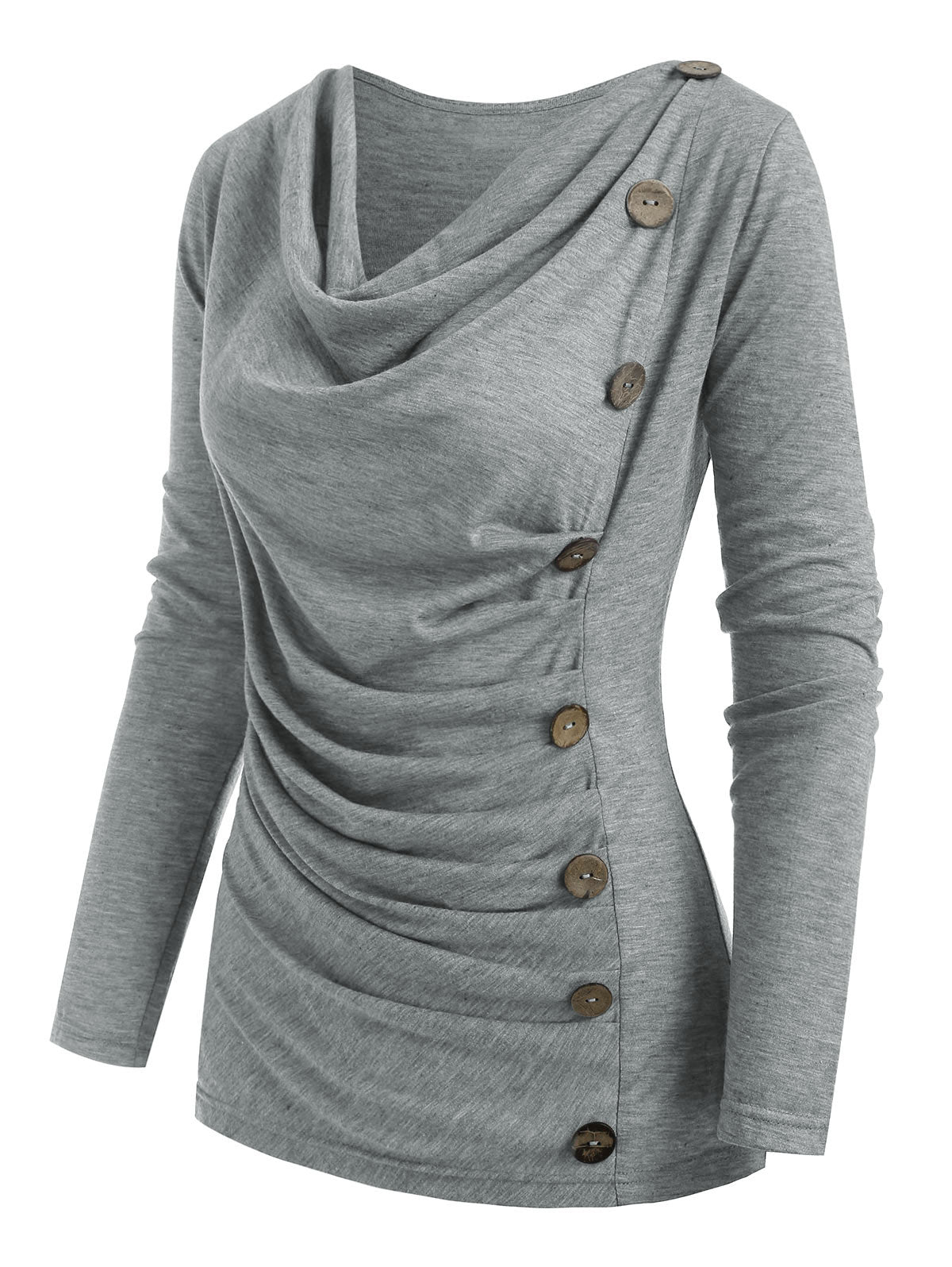 Cowl Neck Mock Button Long Sleeve Marled Top