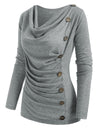Cowl Neck Mock Button Long Sleeve Marled Top
