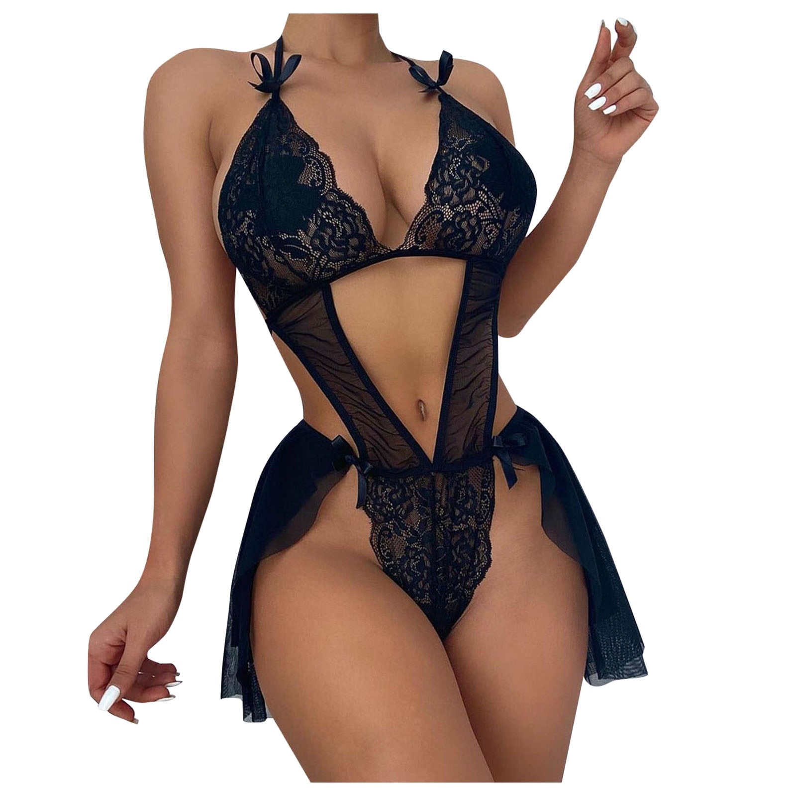 Deep-v Neck Leopard Grain Lace Bodysuits