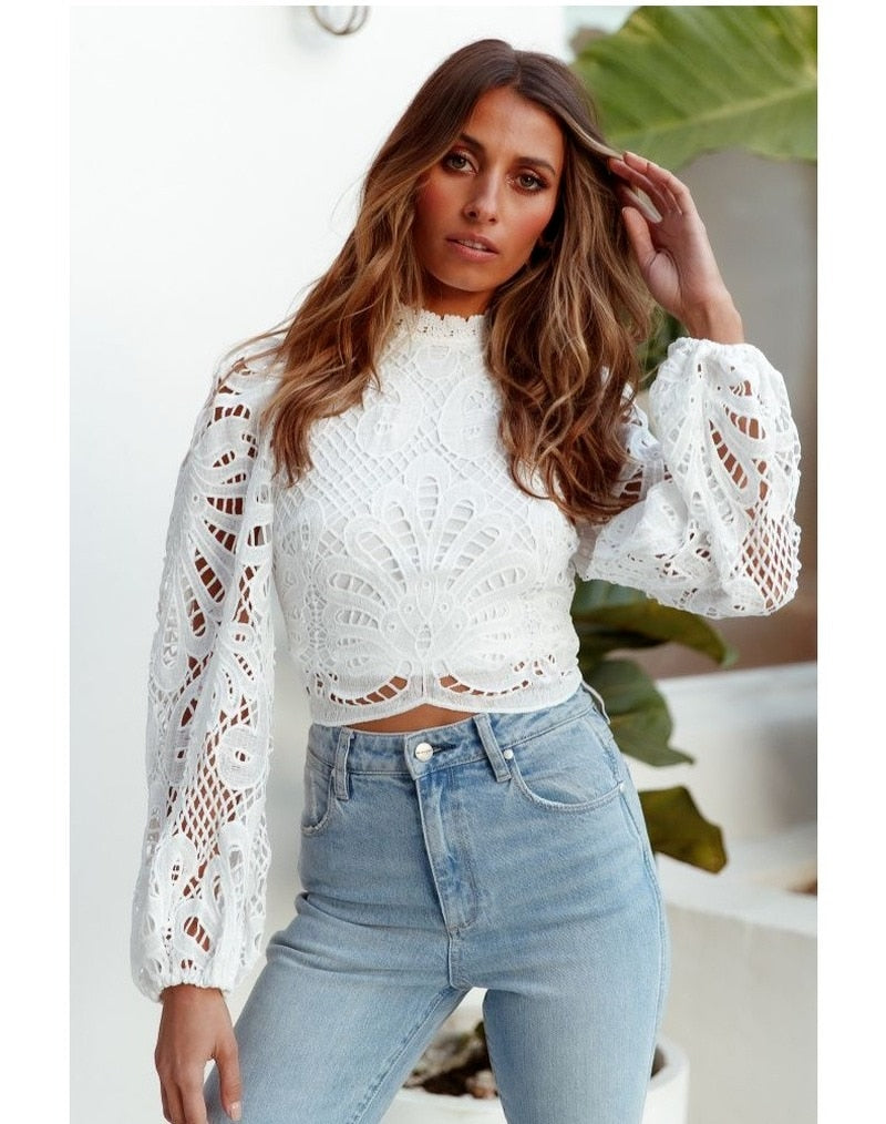Elegant Long Sleeve Lace Blouse Crochet