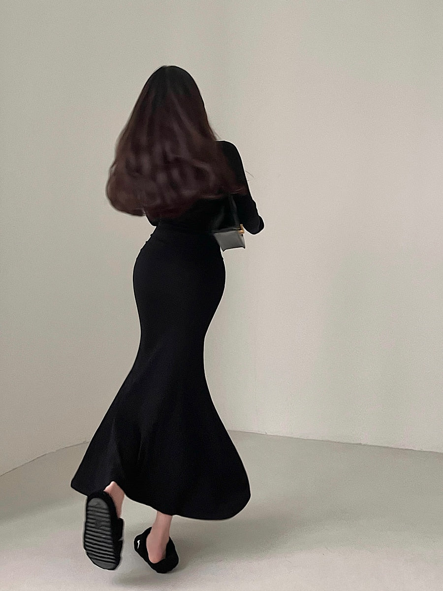 Zipper Lapel Slim V Neck Fishtail Dress