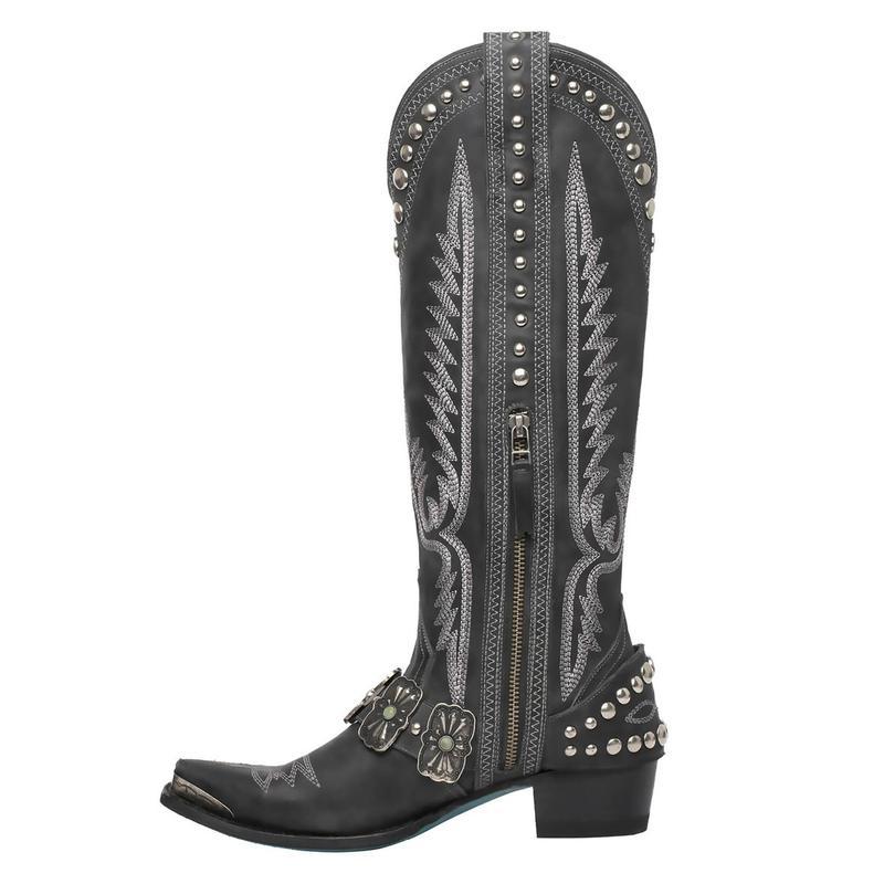 Thick Heel Metal Belt Buckle Rivet Embroidery Western Boots