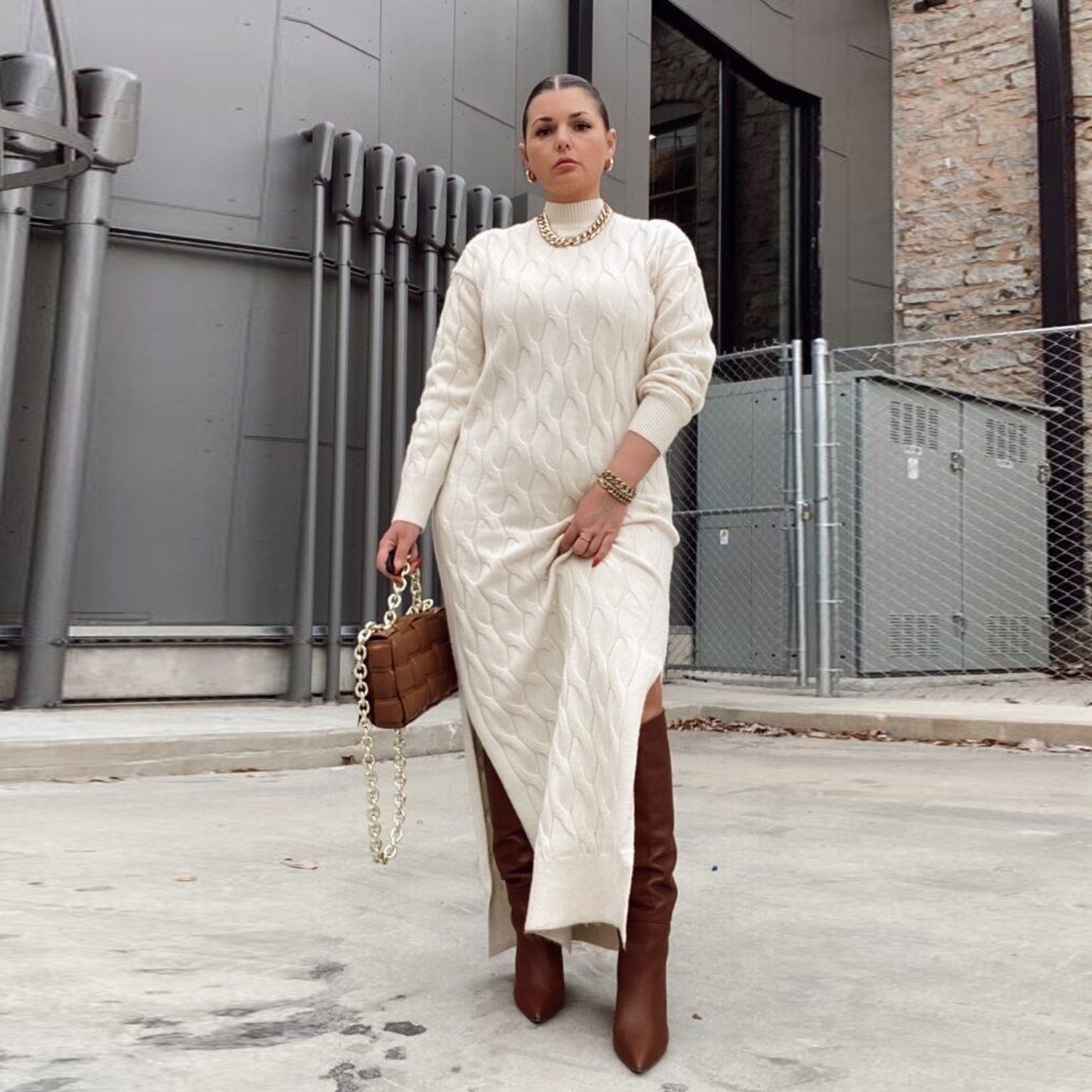 Lace Turtleneck Sweater Maxi Knitted Long Dress