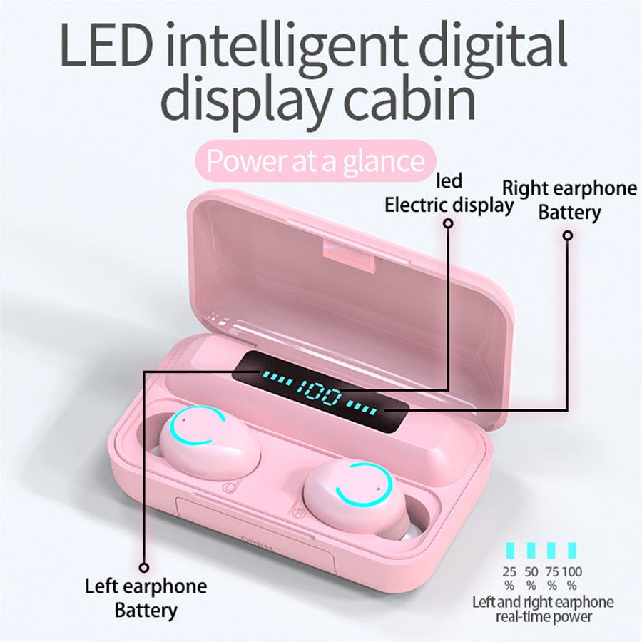 F9 TWS Bluetooth 5.0 Wireless Earphone Pink 2200mAh Charging Box