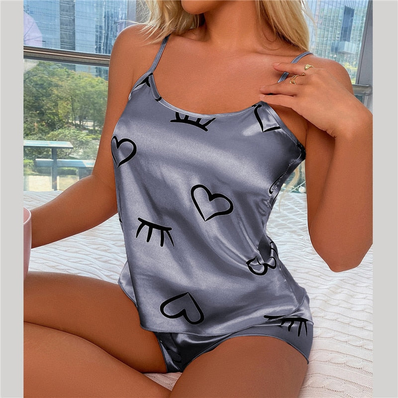 Silk Heart Print Pajama Set