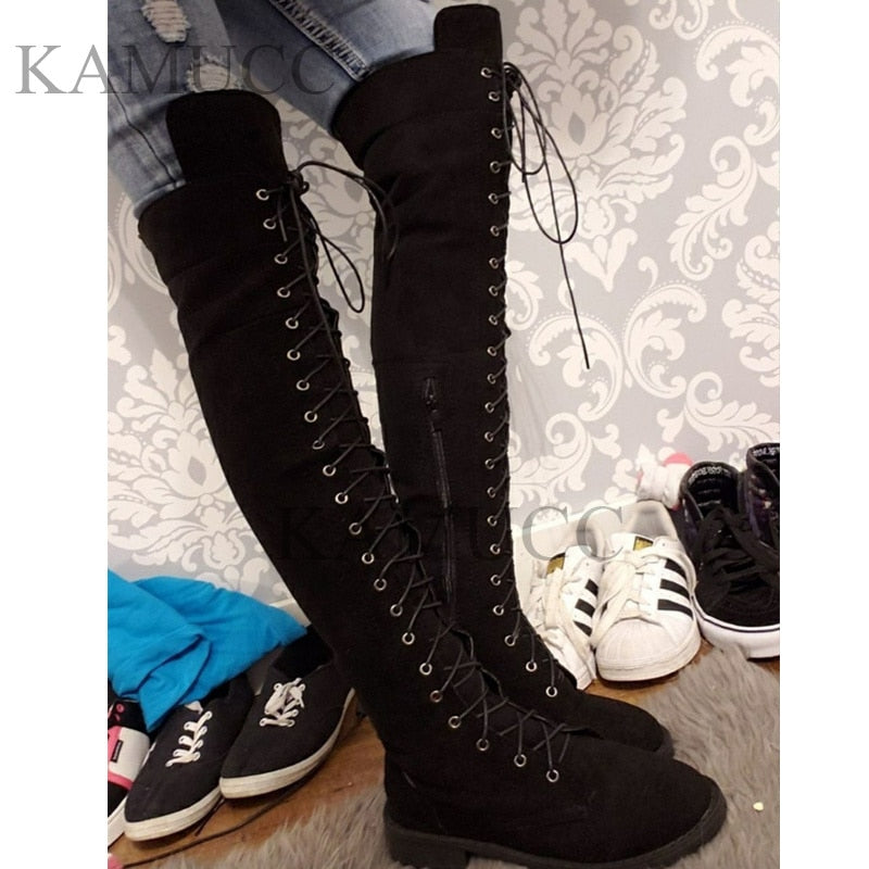 Cross Strap Suede Leather Knee High Boots