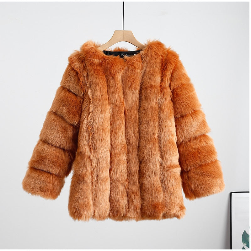 Elegant Windproof Thick Faux Fox Fur Long Coat