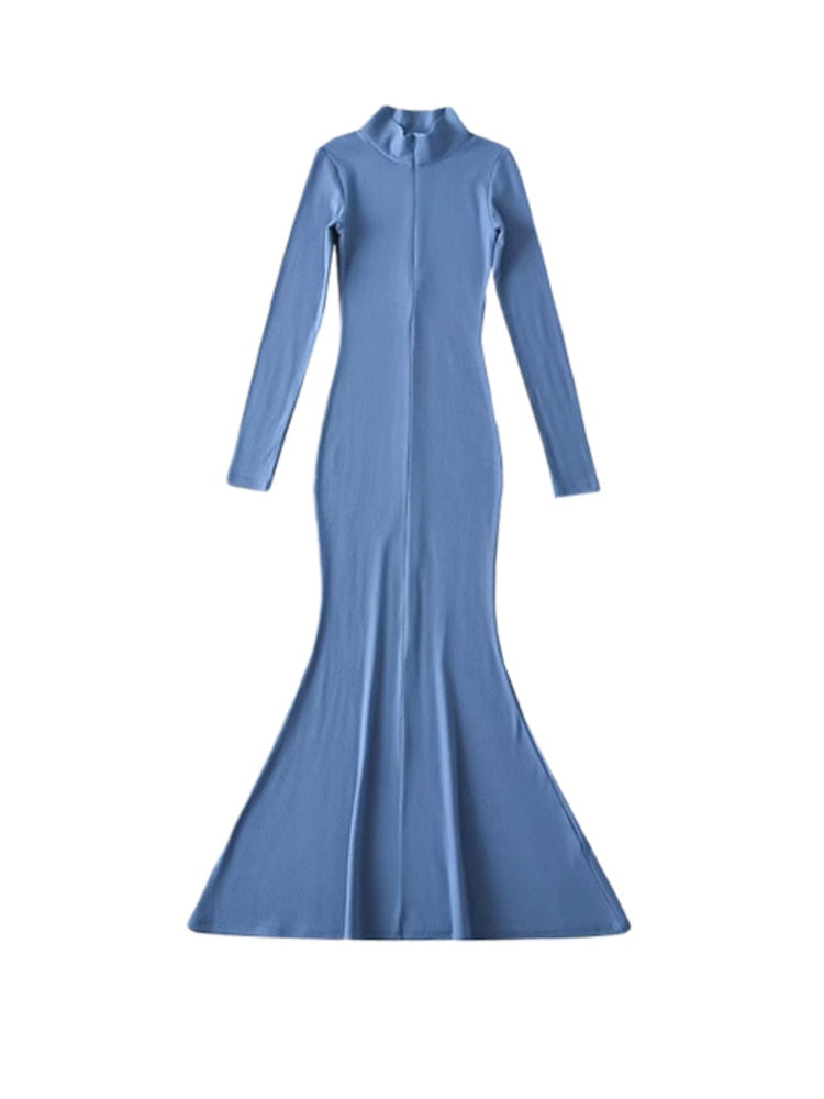 Zipper Lapel Slim V Neck Fishtail Dress