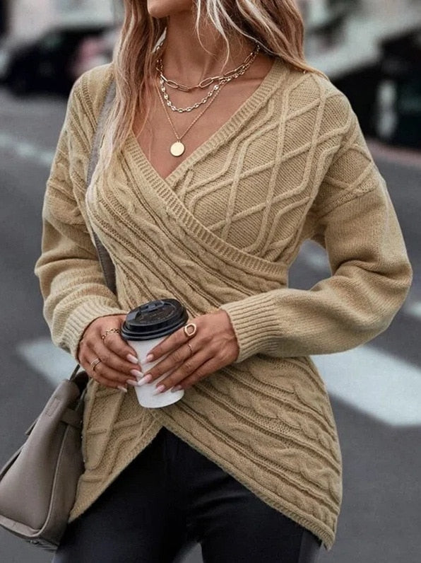 V-neck Knitted Off Shoulder Cross Pullover