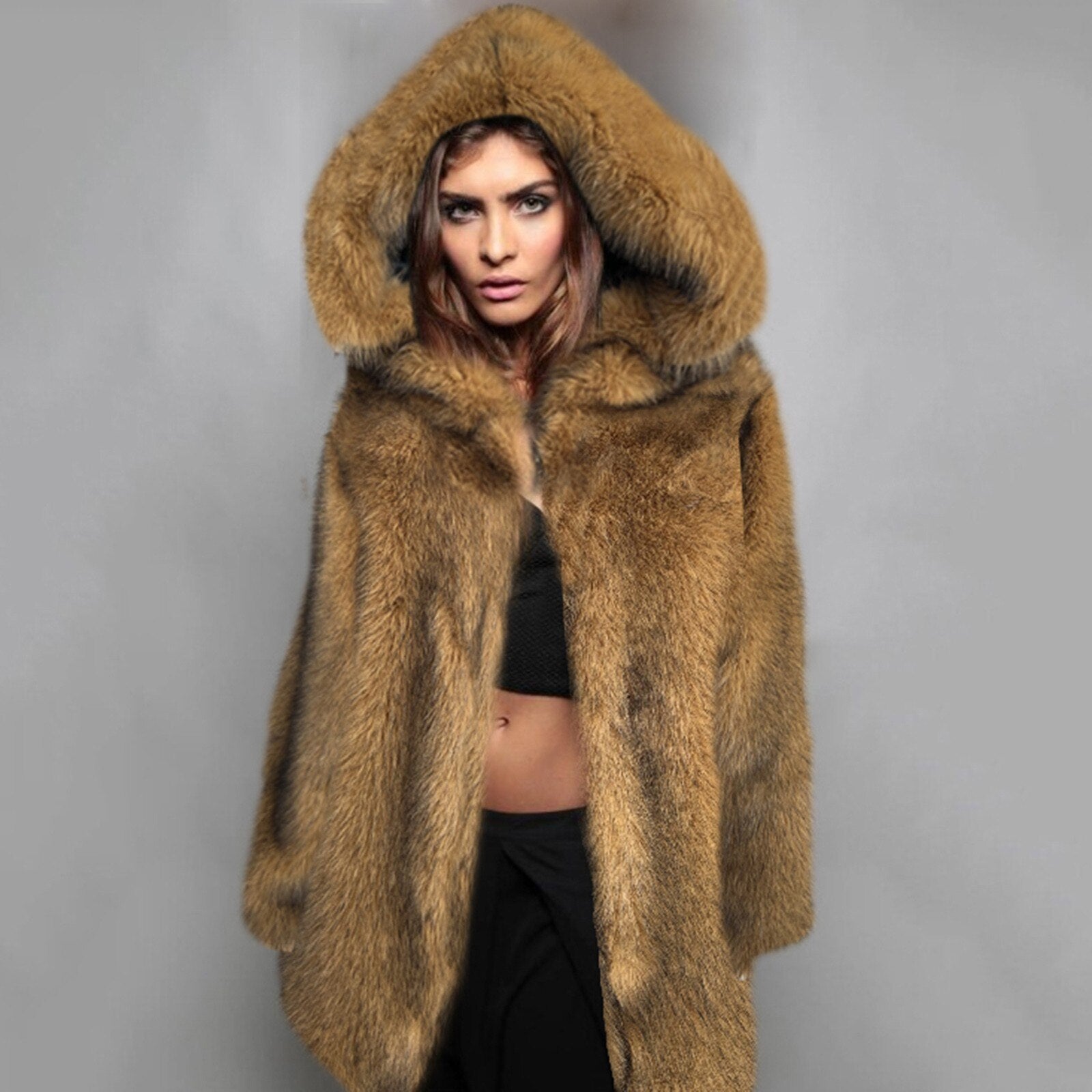 Hooded High Quality Faux Fur Top Coat