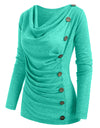 Cowl Neck Mock Button Long Sleeve Marled Top