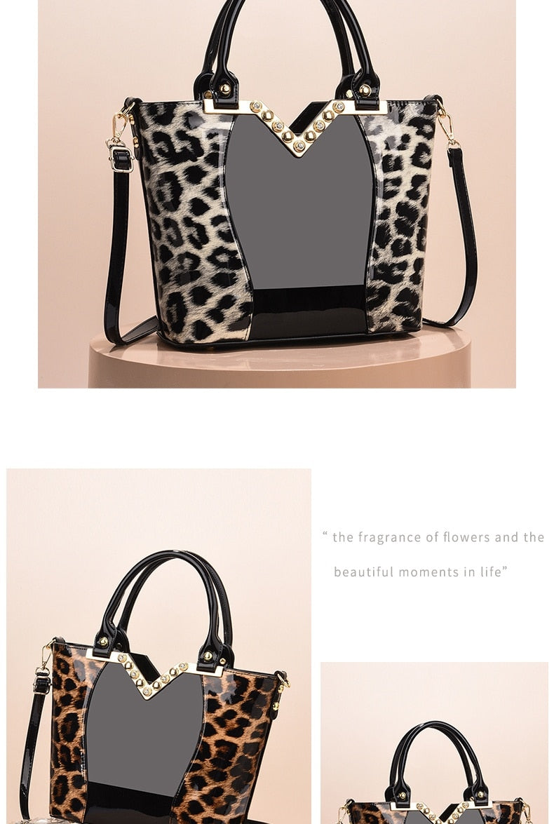 Luxury Brand Leopard Print Patent Leather Tote Handbag