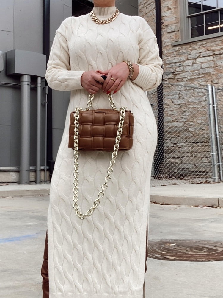 Lace Turtleneck Sweater Maxi Knitted Long Dress
