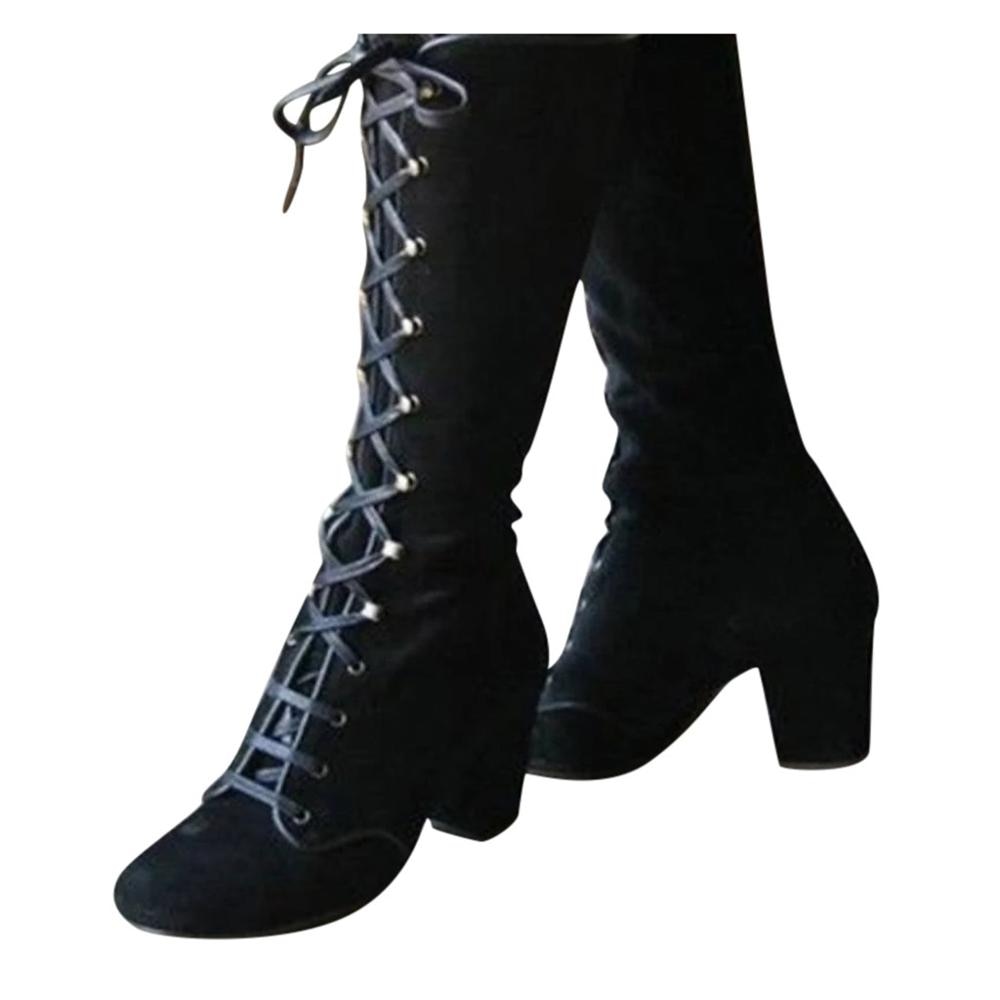 Mid-Calf Lace Up Thick Heels Boots