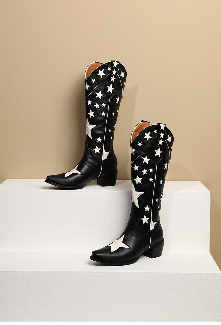 Western New Star Design Slip On Cowgirl Boots Black Brand