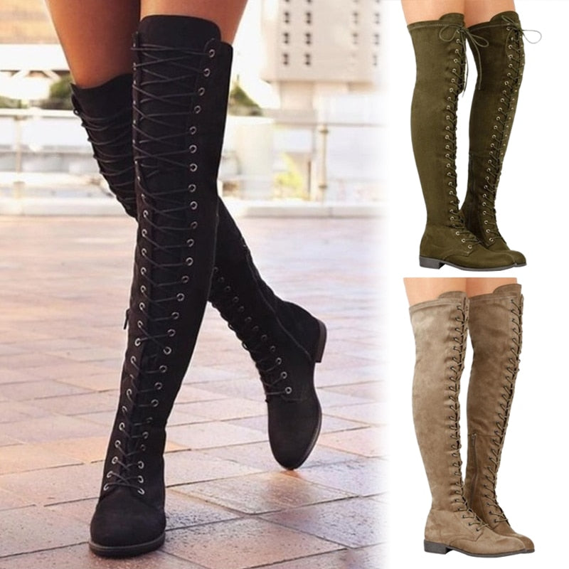 Cross Strap Suede Leather Knee High Boots