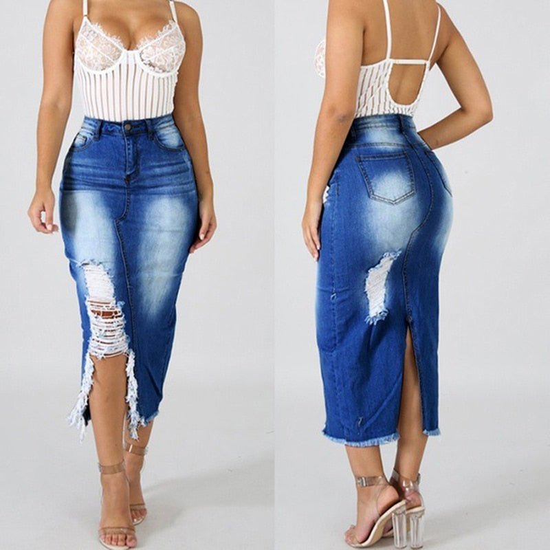 Midi Pencil High Waist Denim Button Skirt