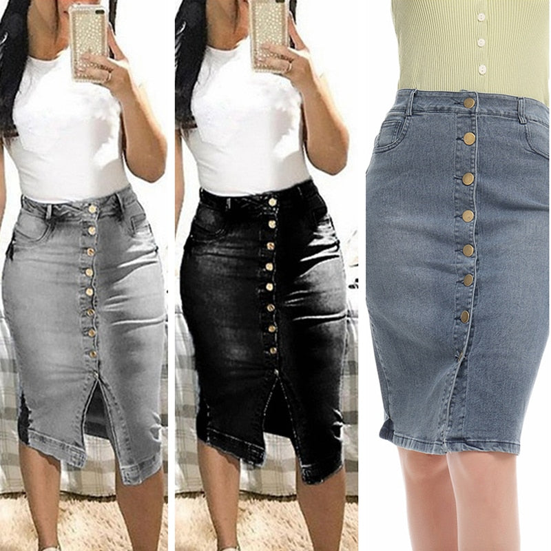 Midi Pencil High Waist Denim Button Skirt