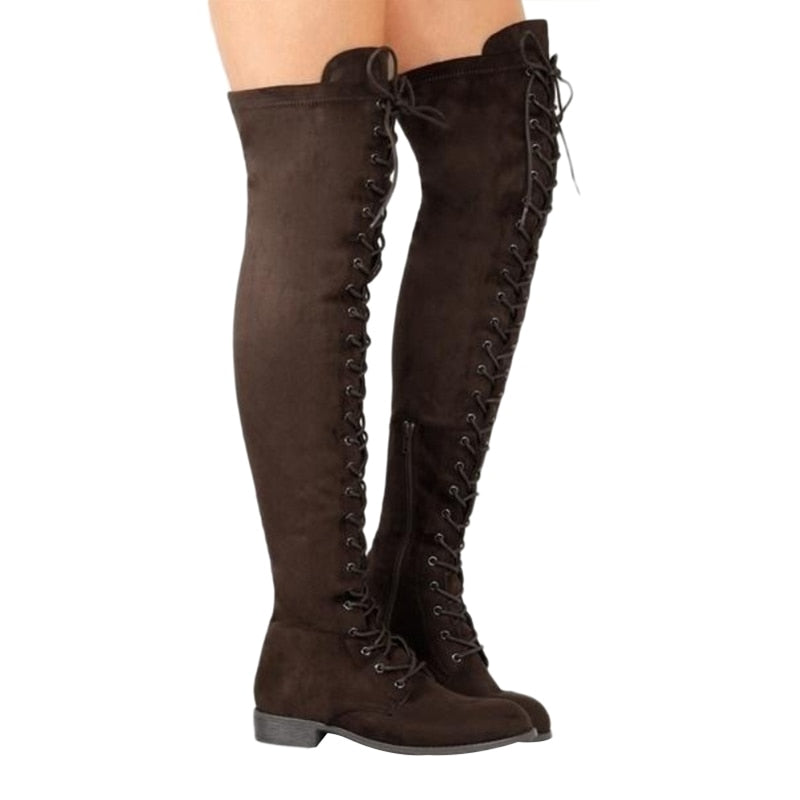 Cross Strap Suede Leather Knee High Boots