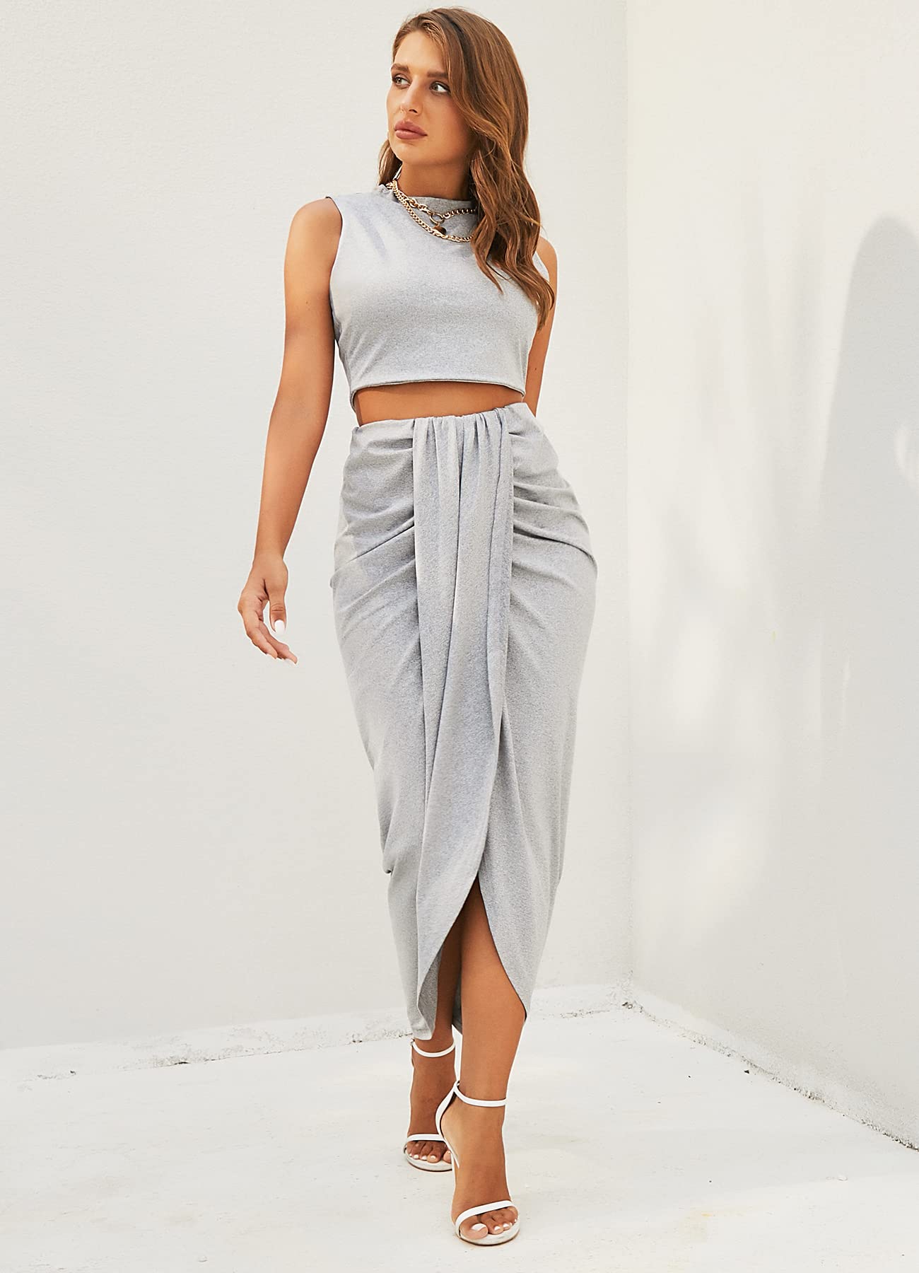 Two Piece Sleeveless Crop Top Summer Skirt