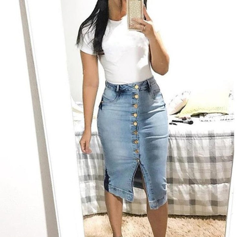 Midi Pencil High Waist Denim Button Skirt