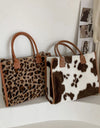 Cow & Leopard Print PU Leather Plush Top-Handle Bag