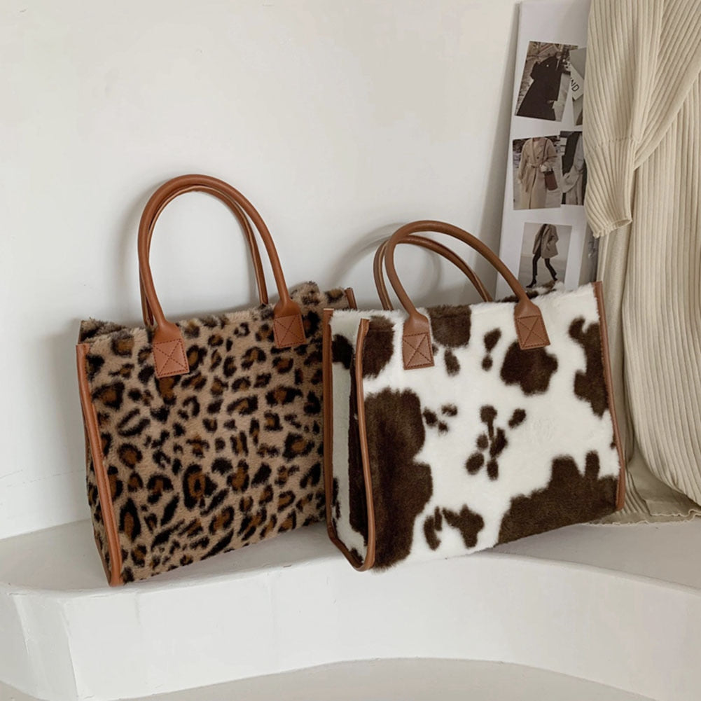 Cow & Leopard Print PU Leather Plush Top-Handle Bag