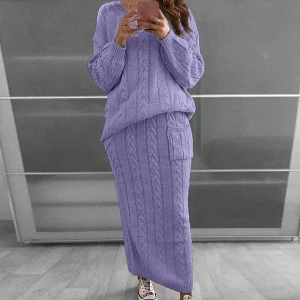 Warm Knitted 2 Piece Pullover Sweater Set