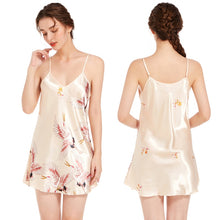 Cargar imagen en el visor de la galería, Satin Nightgown Crane Print Sleepwear With Spaghetti Strap
